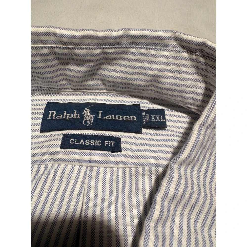 Ralph Lauren Mens XXL Classic Fit Short Sleeve Striped Oxford Shirt Blue White